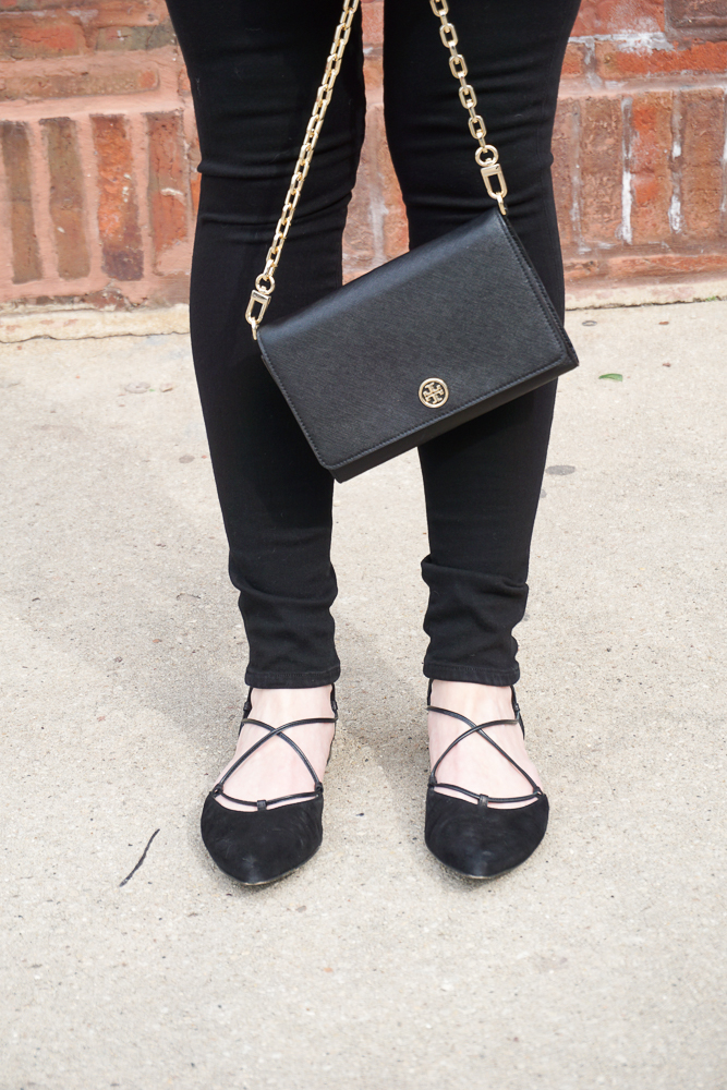 Close up of Tory Burch bag and Stuart Weitzman shoes