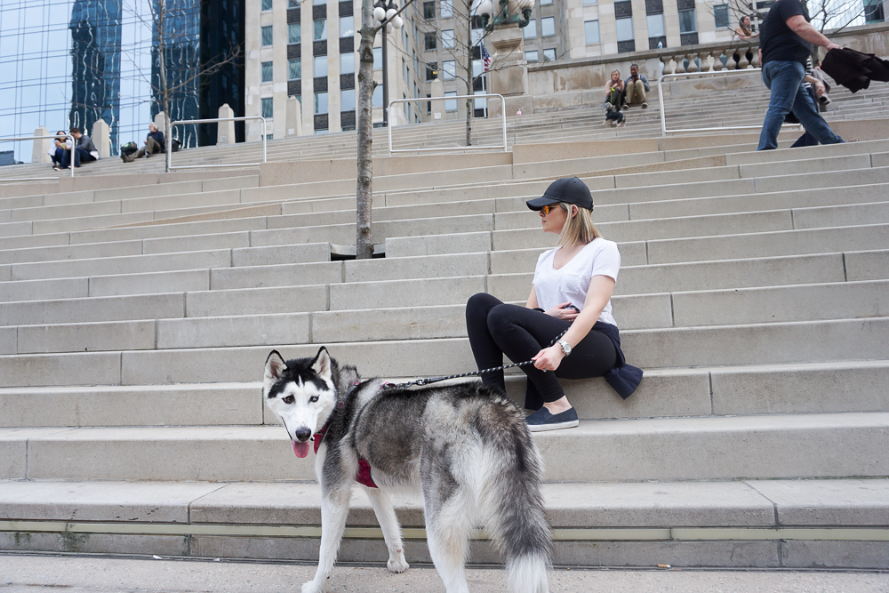 Sitting on stairs by Chicago River