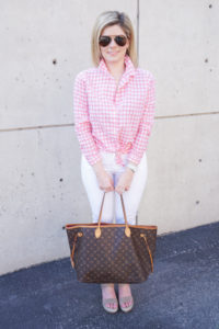 Must have spring staple: white jeans with coral gingham top