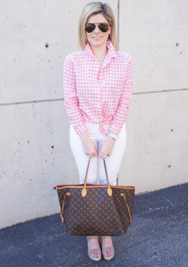 Must have spring staple: white jeans with coral gingham top