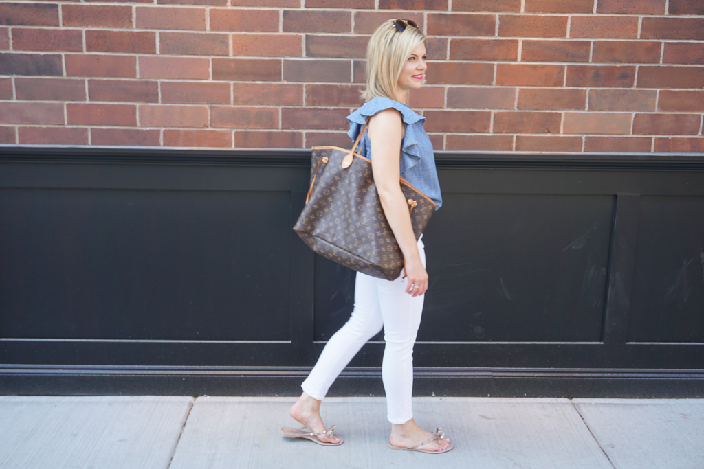 chambray ruffle top and white jeans