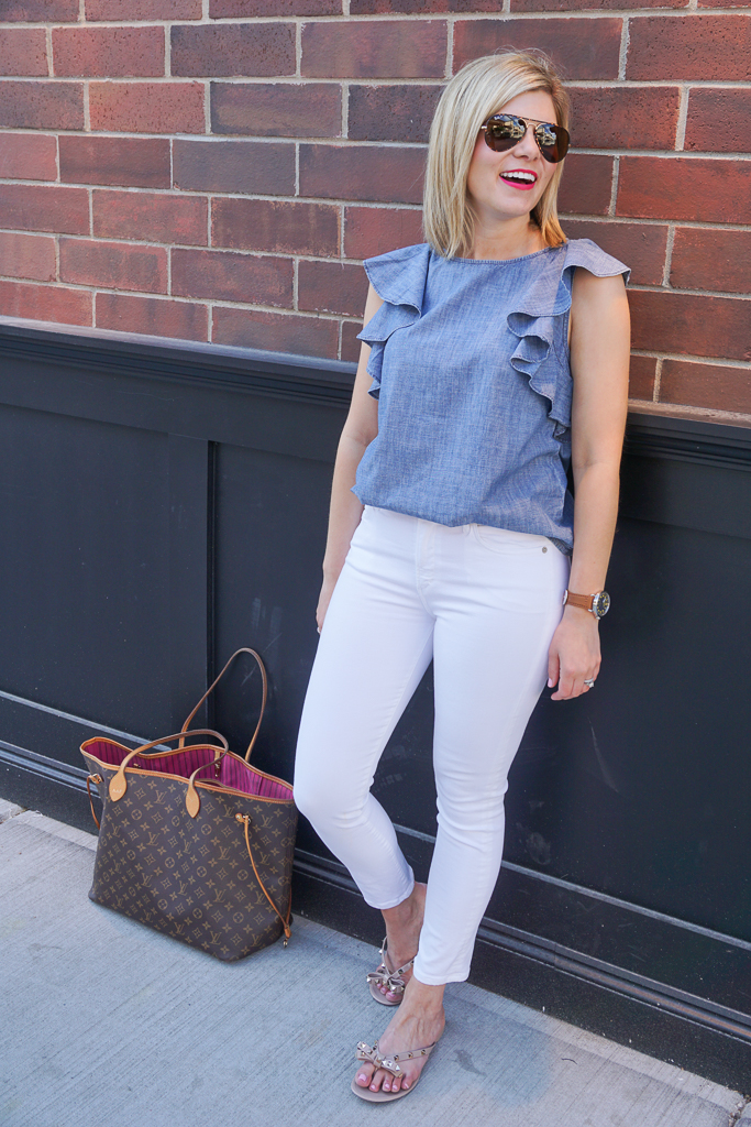 chambray ruffle top and white jeans