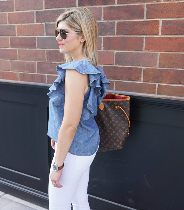 chambray ruffle top and white jeans