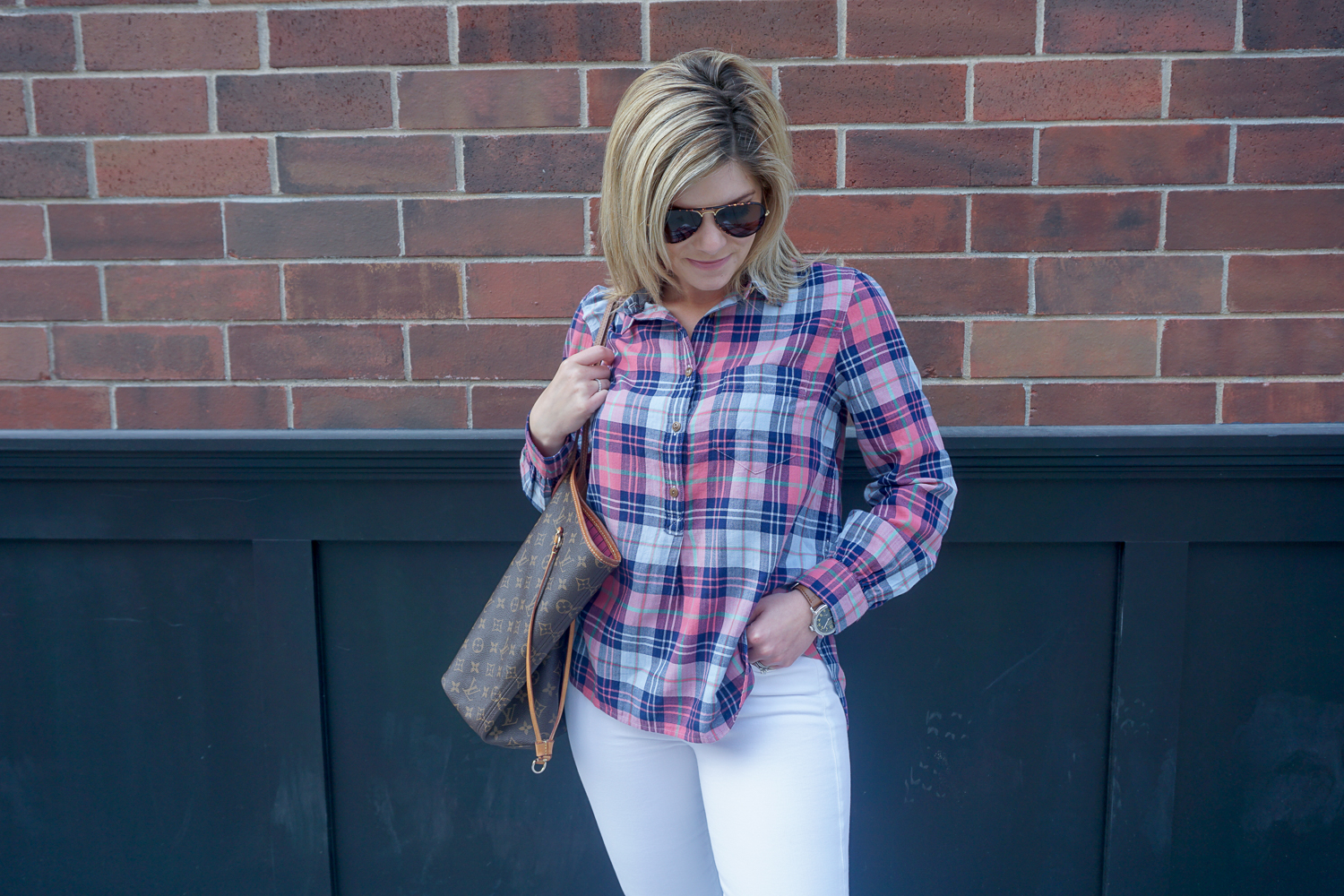 Plaid shirt with white jeans