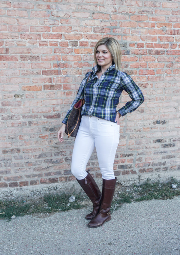 plaid shirt and white jeans