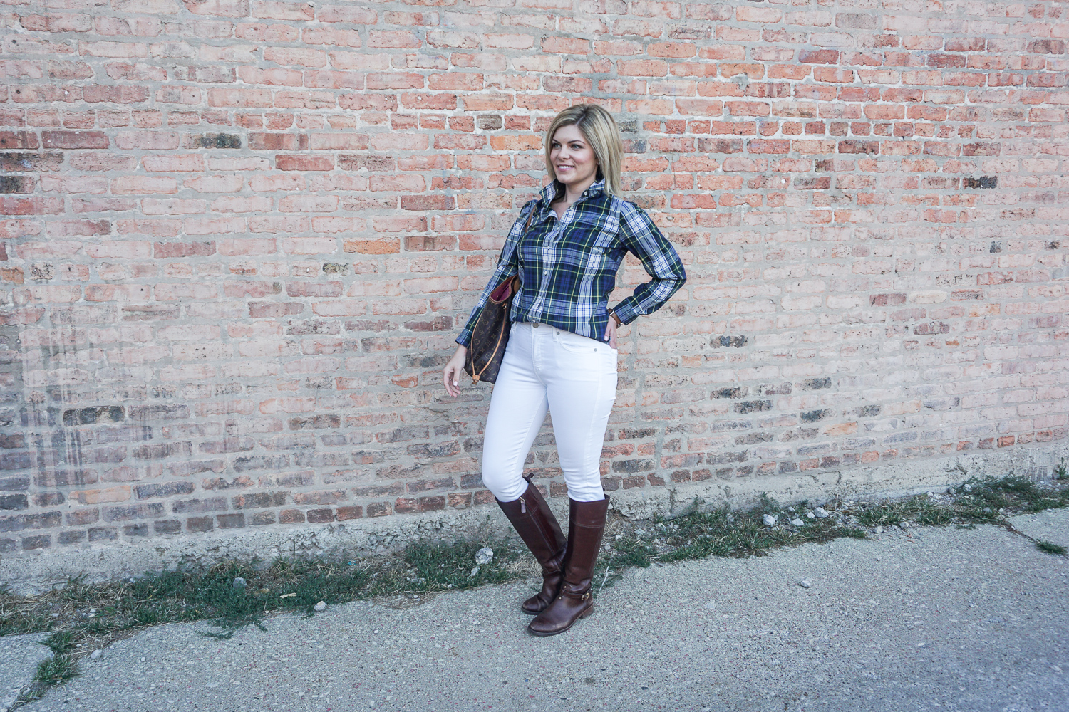 plaid shirt and white jeans