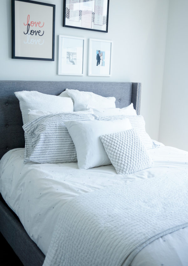 grey and white master bedroom