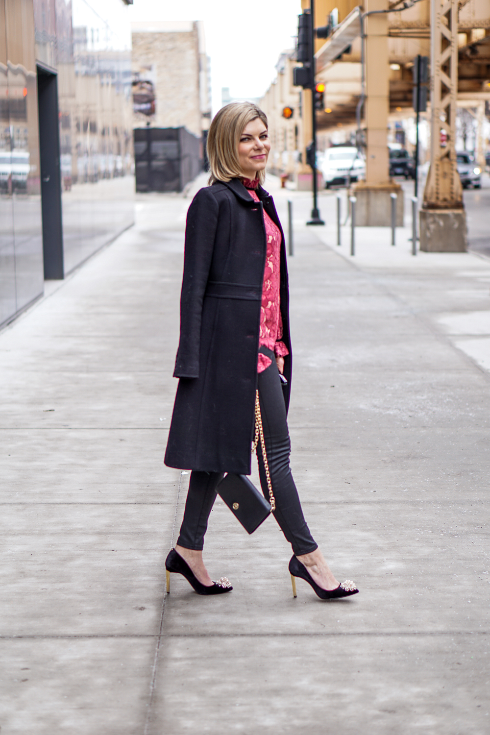 Pink lace top and black jeans for Valentine's Day