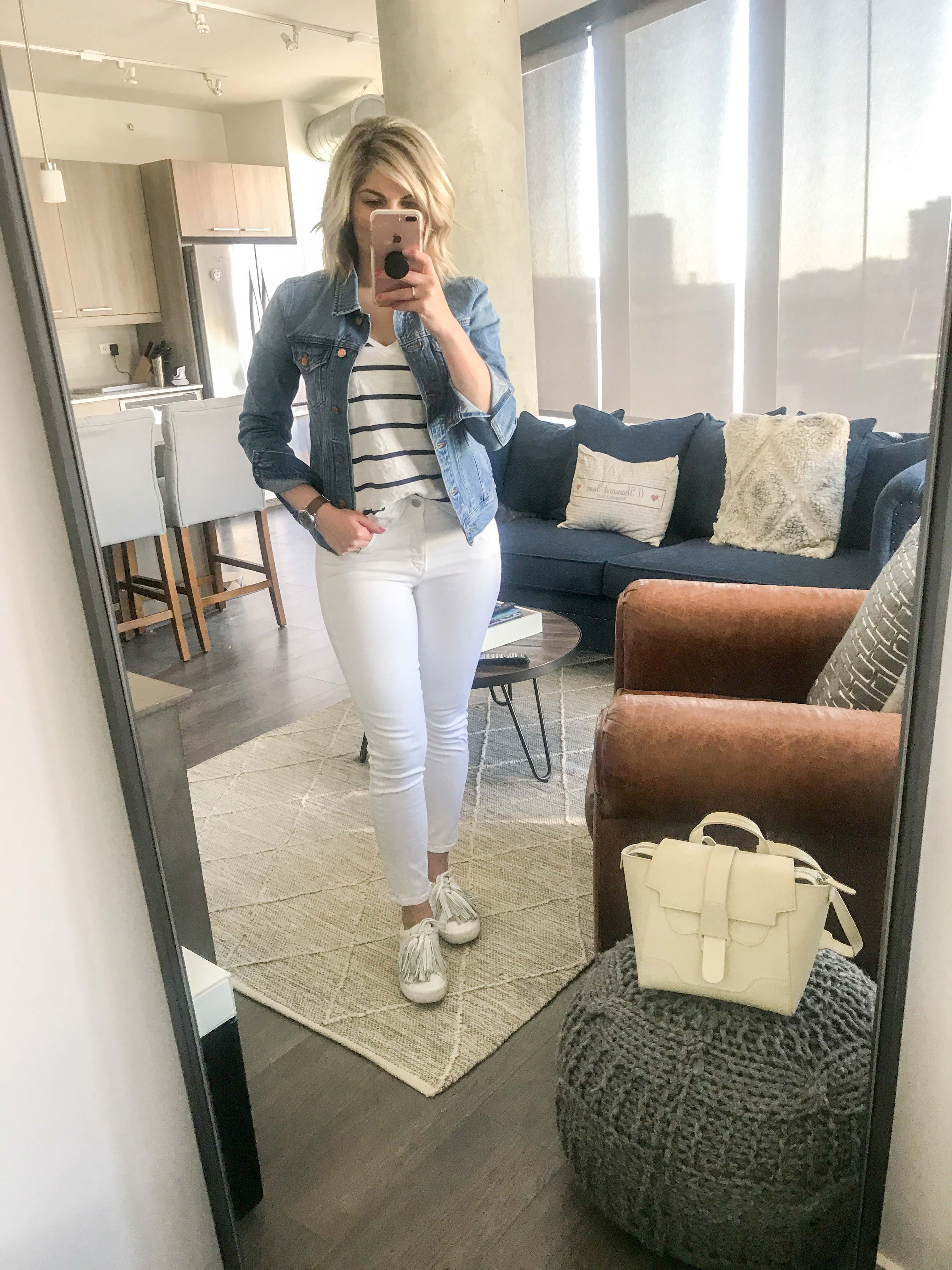 striped tee and jean jacket