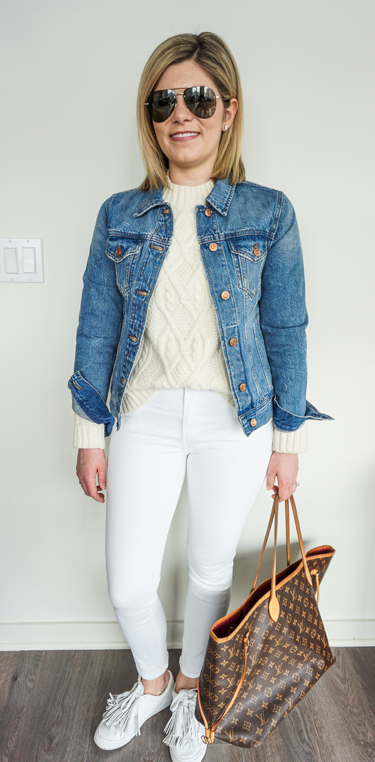 white jeans and jean jacket