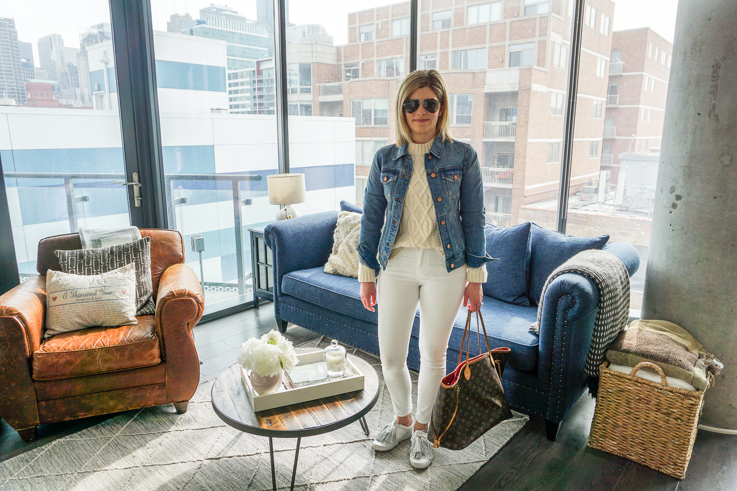 jean jacket and white jeans