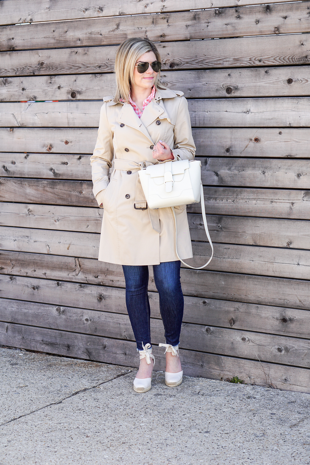trench coat and jeans