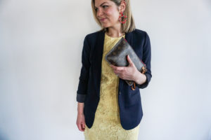 yellow dress and navy blazer