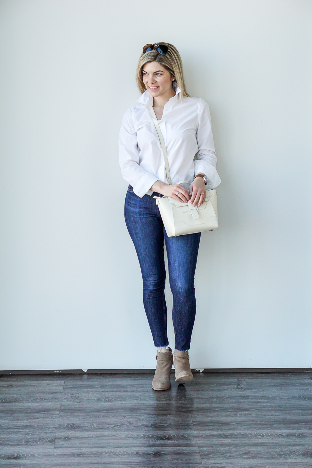 jeans and a white button down