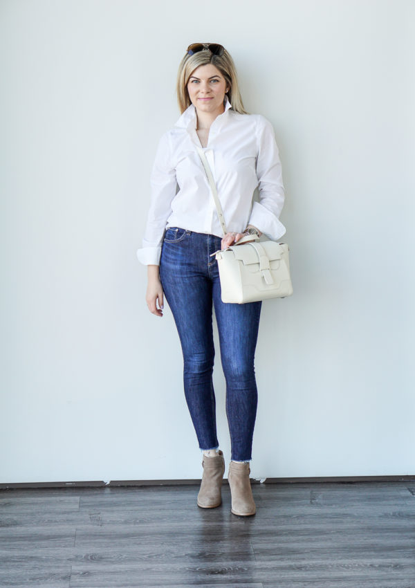 white button up and jeans