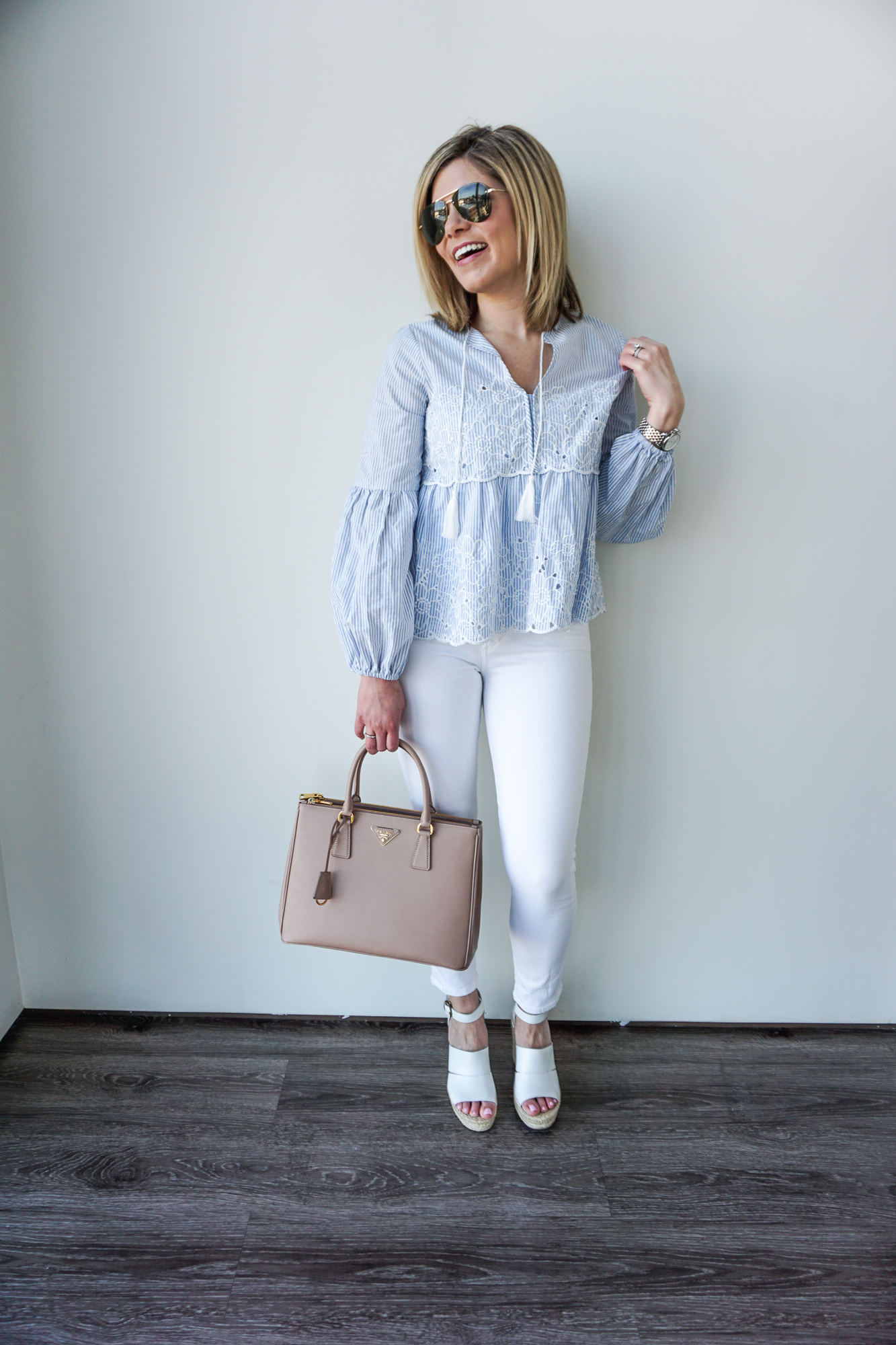 eyelet top and white jeans