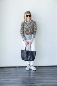leopard sweater and white jeans