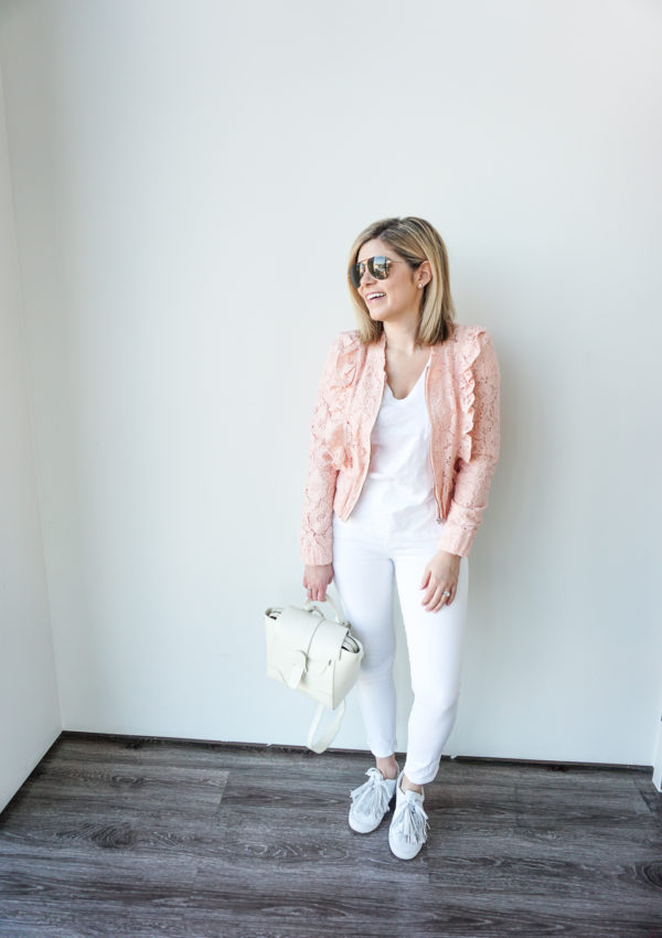 white jeans and bomber jacket