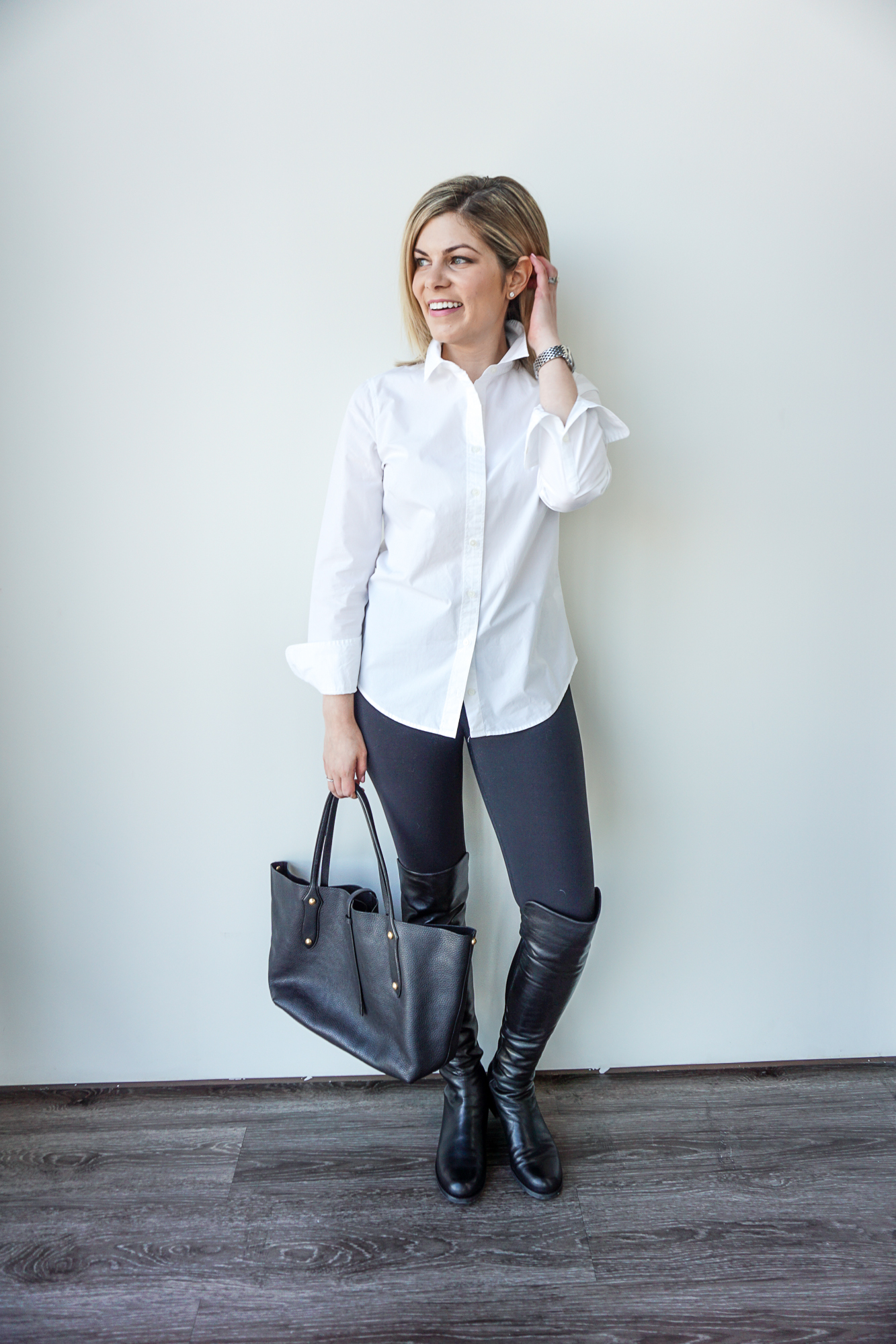 white button up with leggings