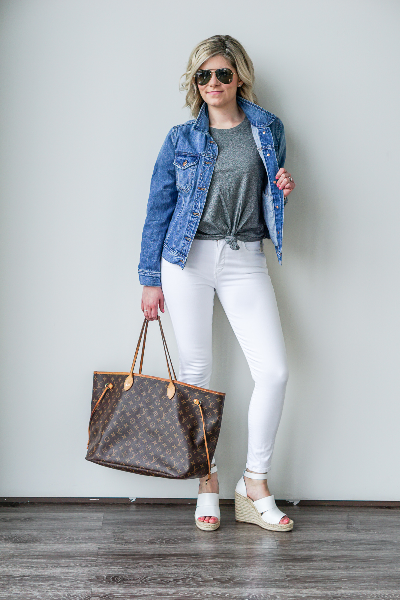 jean jacket and white jeans