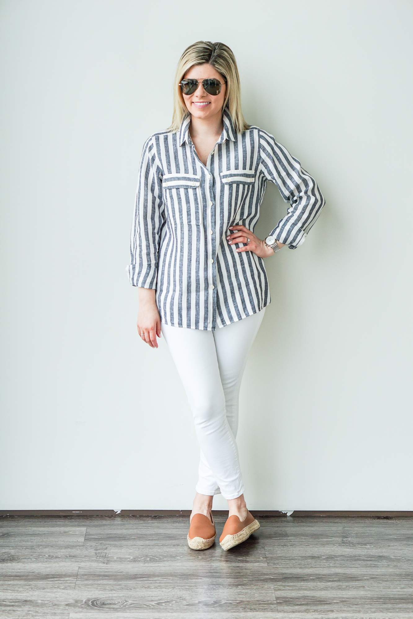 white jeans, linen striped top and soludos leather espadrilles