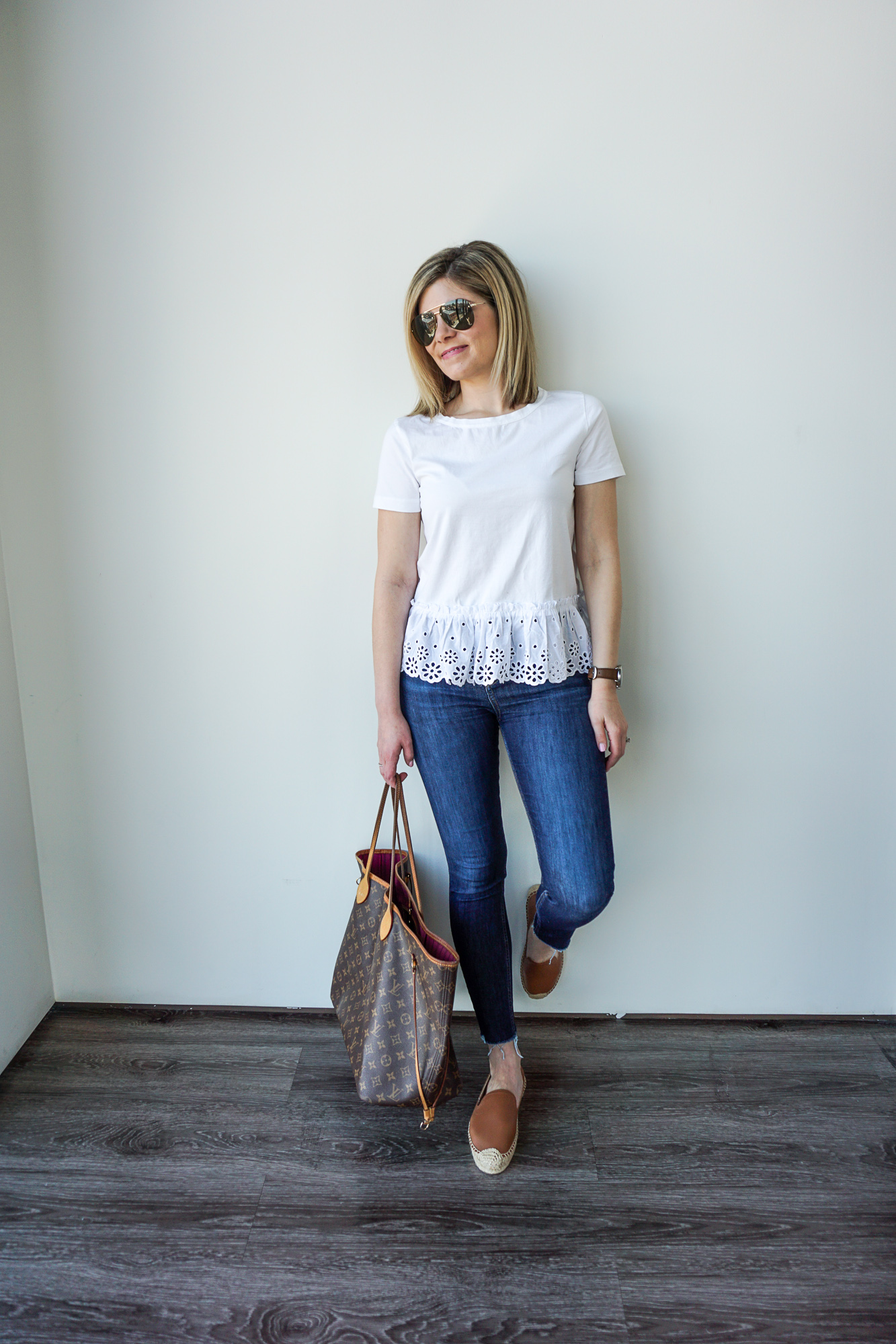 eyelet top and jeans