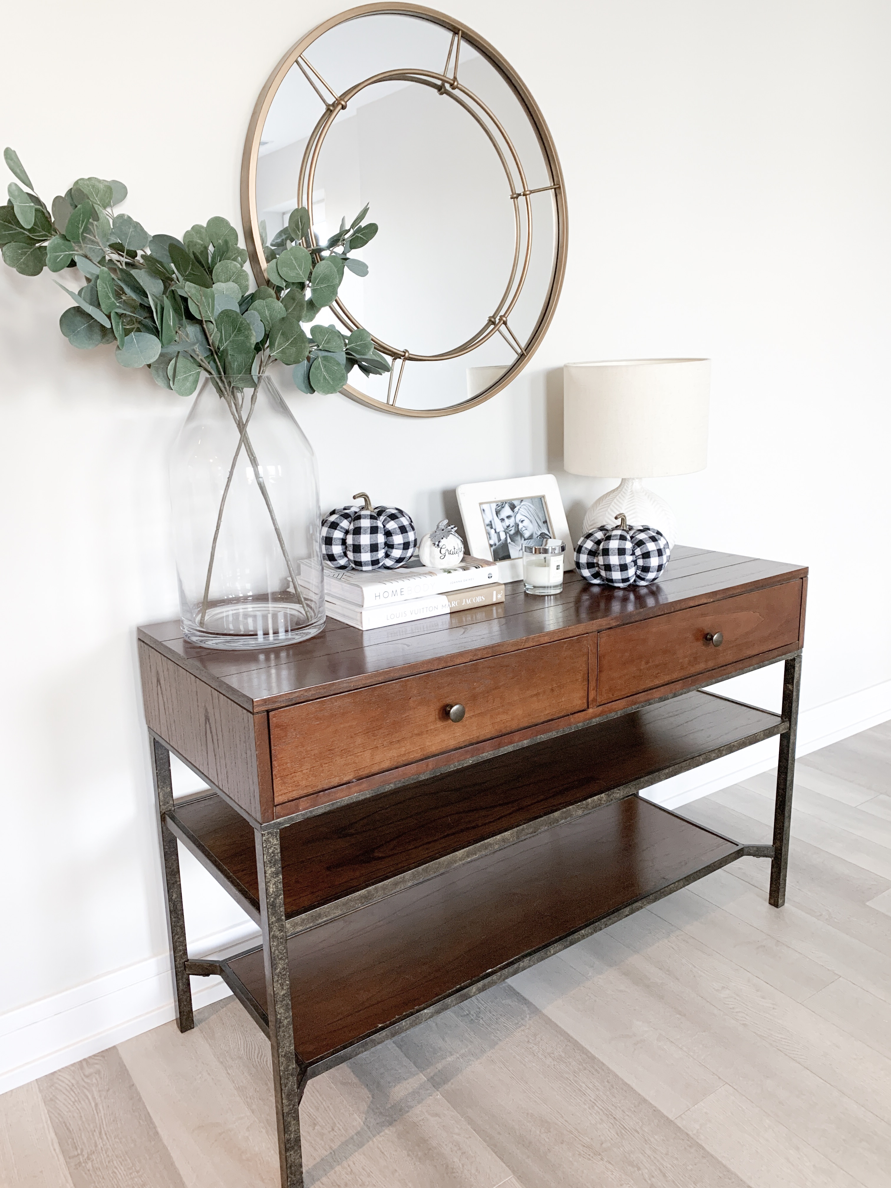 console table decorated for fall